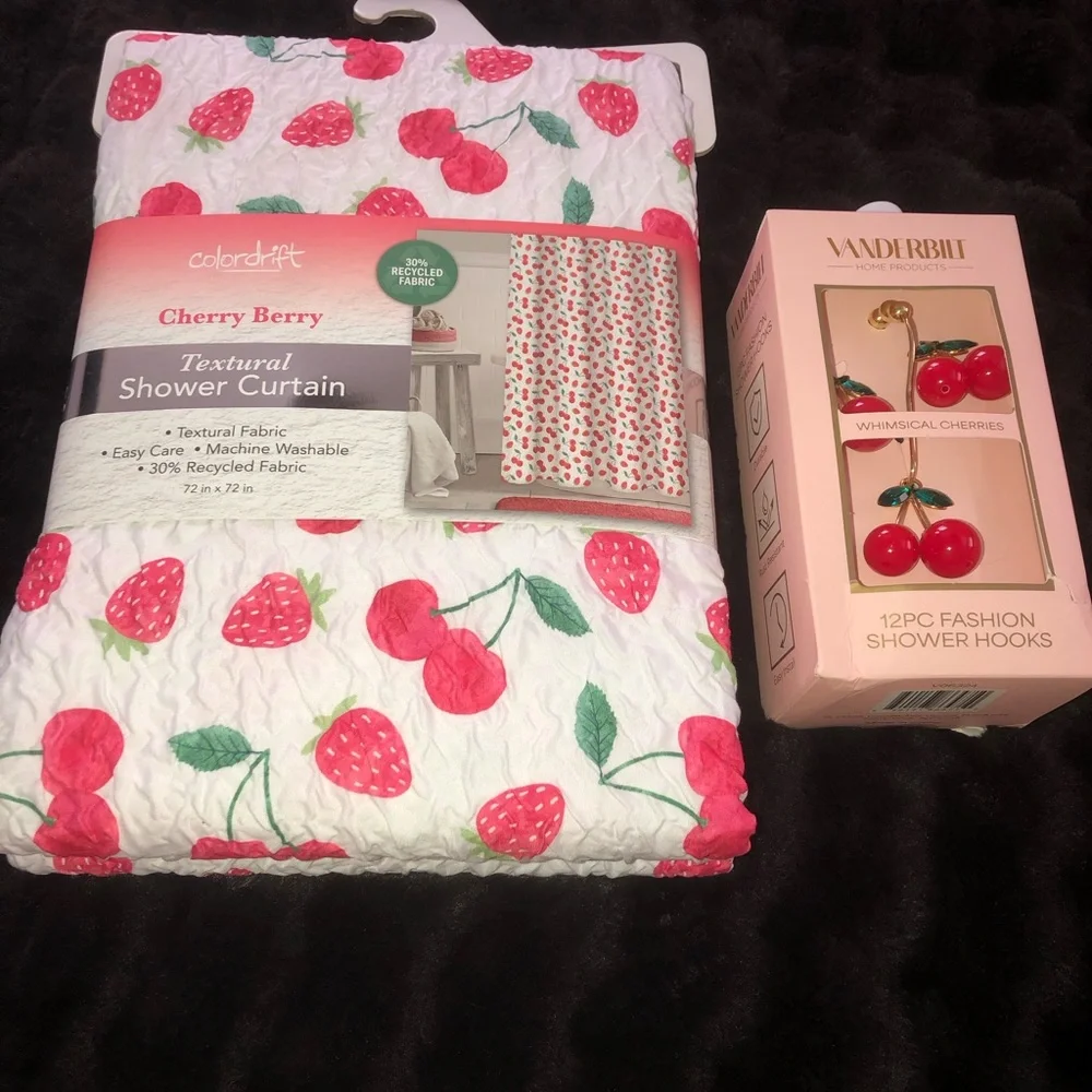 🍓🍒 Cherry & Strawberry Textural Shower Curtain w/ cherry hooks
